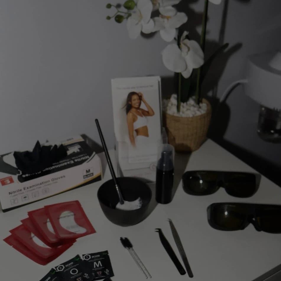 Lash and brow station flat-lay at MJM Aesthetics
